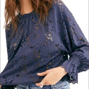 Free People Olivia Lace Bell Sleeve Navy Top Size M